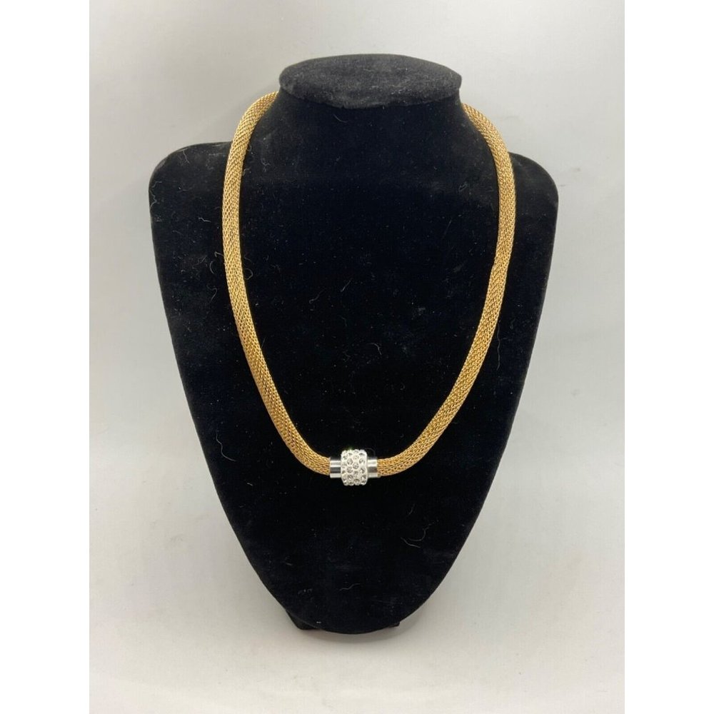 Mesh Tube Rope Necklace Gold Tone Magnetic End Clasp with Cubic Zirconia